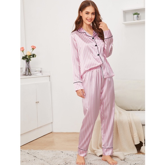 Satin Pink Stripes 2 Piece Pajamas Set - Picture 2 of 6